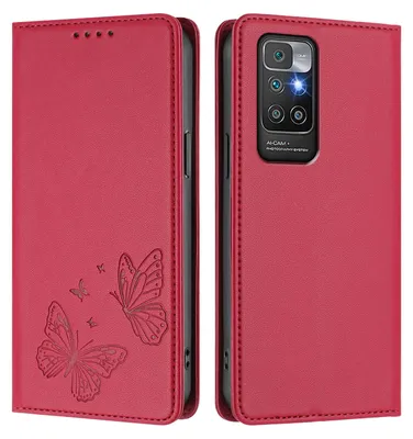 Produktbild von Lederhülle für Xiaomi Redmi 10 4G, Schmetterling Prägung Leder Brieftasche Schutzhülle mit Ständer Rot