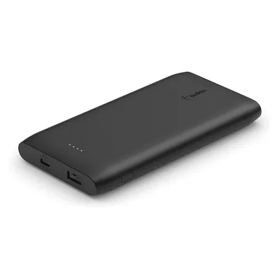 A black Belkin power bank is shown on a white background.