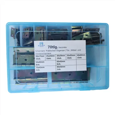Produktbild von 70-teiliger Scharnier-Set - Verzinkte Möbel-Scharniere für Türen, Schränke und Fenster mit praktischem Organizer