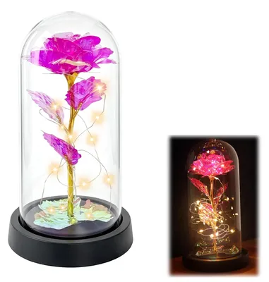 Ewige Rose unter Glasglocke mit LED, rosa, 24 cm