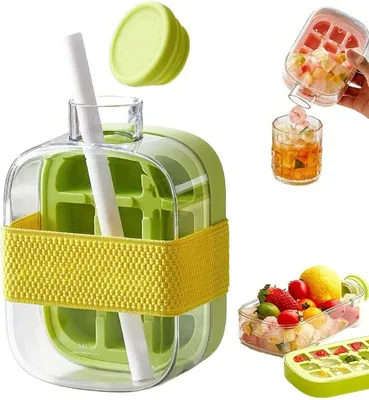 Produktbild von 2-in-1 Eiswürfel-Trinkflasche 500 ml, Eiswürfelformen, integrierte Eiswürfelform, Ein-Klick-Freigabe, auslaufsicher, mit Strohhalm – Grün