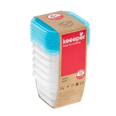 A stack of clear plastic food storage containers with blue lids, bundled together with a cardboard sleeve.