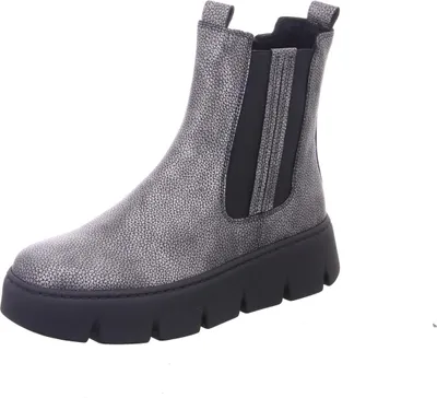 A single gray chelsea boot with a black sole and elastic side panels, shown from the side against a white background.