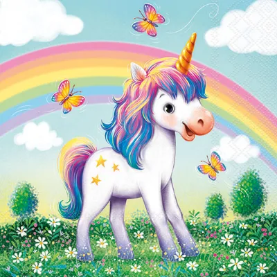 Produktbild von 20 Servietten Jolly - Einhorn am bunten Regenbogen 33x33cm