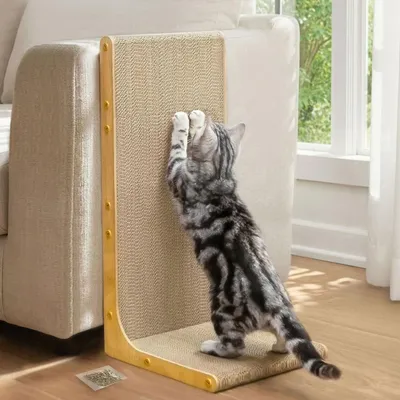 Image de Griffoir chat carton - Forme en L - 58 cm - Bois clair ou blanc - Pour appartement et petit espace