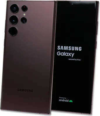 A Samsung Galaxy S22 Ultra 5G 512GB Burgundy smartphone is shown from the back and front.