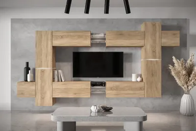 Produktbild von Furnitech Wohnwand Wohnzimmer - Wohnzimmer Möbel mit LED RGB - 16 Farben - Hängend Wohnwand Modern - Regale und TV Schrank (AN91NEW-21S-M5 MATT)