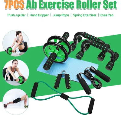 Produktbild von Fitness-Set 7-teilig in Grün – AB-Wheel, Springseil, Handtrainer, Liegestützgriffe & Trainingsmatte | Komplettes Home-Workout-Set für Kraft, Core & Ausdauer