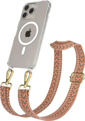 Produktbild von EAZY CASE - Handykette mit MagSafe Hülle für Apple iPhone 15 Pro Max, Handyband ZigZag Style,Karabiner Gold, Umhängeband in Orange
