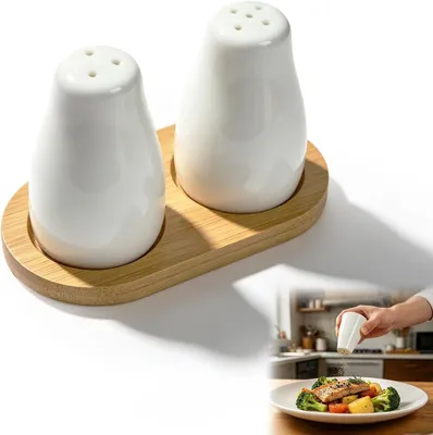 Imagen del producto de Juego de salero y pimentero de cerámica, de 2 piezas, con base de bambú, para la cocina
