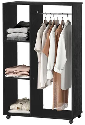 Produktbild von Kleiderschrank mit Rollen, Kleiderstange und Ablagen fš¹r h?ngende und gefaltete Kleidung, 80 x 40 x 128 cm, Schwarz