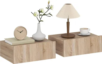 Image de Lot de 2 tables de chevet murales - Tables de chevet suspendues - 1 tiroir - Bois - 40x30x15 cm - Chêne