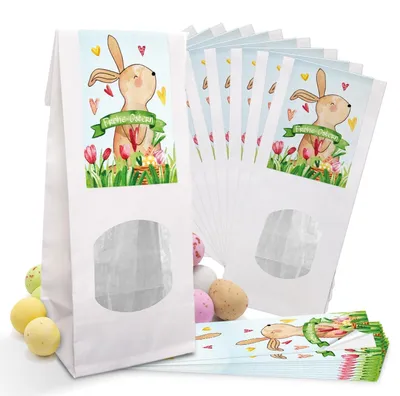 Produktbild von Logbuch-Verlag 5 kleine Papiertüte Geschenktüten Kraftpapier weiß mit Fenster beschichtet 7 x 4 x 20,5 cm Verpackung + Osteretiketten Text Frohe Ostern Geschenk Aufkleber bunt rot grün gelb25 Stück