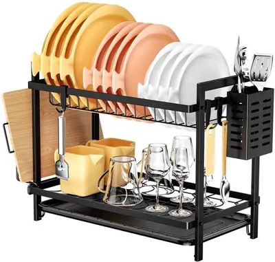 Zdjęcie produktu dla Unyqoos® Suszarka do naczyń, dwupiętrowa, metalowa, czarna, z wyjmowaną koszykiem na sztućce, misą ociekającą, uchwytem na deski do krojenia i 3 haczykami – pojemność: 15 talerzy / 20 misek