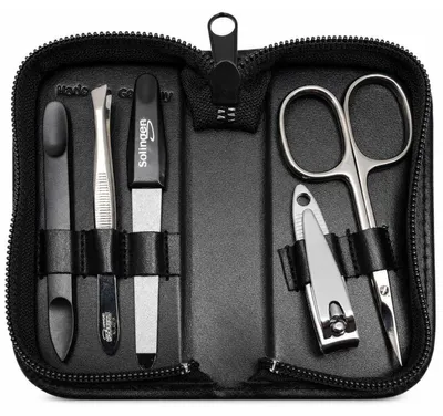 Produktbild von Maniküre Set 5-teilig mit Solingen Instrumenten, Echtleder-Etui Germany, Nagelpflege Set für Damen & Herren, Nagel- und Hautschere, Pinzette, Saphirnagelfeile Schwarz