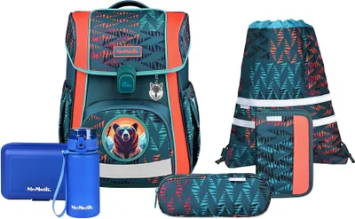 A collection of school supplies including a backpack, water bottle, lunch box, and pencil case, all featuring a coordinated geometric pattern and bear graphic.