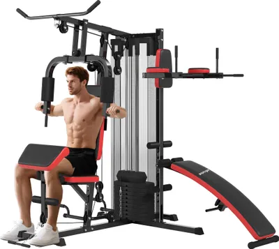 Zdjęcie produktu dla SPORTNOW Power Station, wielofunkcyjna stacja fitness z drążkiem do ćwiczeń motylkowych i nachwytem, ​​lokówką, wyciskaniem na klatkę piersiową, ławeczką do brzuszków, sprzęt fitness z obciążeniem 65 kg, pokrowiec ochronny, do domu, kolor czarny