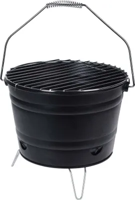 A black bucket-style charcoal grill with a wire rack and a spring-handle. It has three metal legs and ventilation holes near the bottom.
