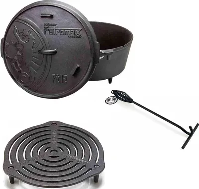 Produktbild von Petromax Feuertopf-Set ft12 mit Füßen 10,8 Liter Stapelrost und Deckelheber