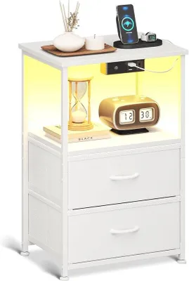 Produktbild von Famanu Nachtkasten mit Ladefunktion und LED-Beleuchtung - Weiß mit 2 Stoffschubladen