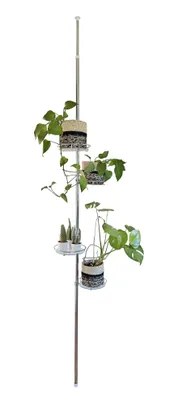 A plant stand with multiple shelves holding potted plants, isolated on a white background.
