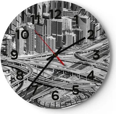 Produktbild von Wanduhr - Rund - Glasuhr - Stadt Wolkenkratzer Autobahn - 40x40cm - Schleichendes Uhrwerk - Lautlos - zum Aufhängen bereit - Dekoration Modern - Wanddekoration aus Glas - C4AR40x40-5065