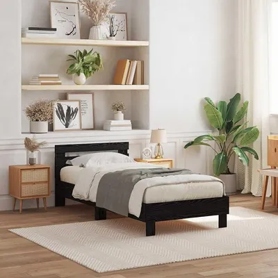 Obrázok produktu pre Rám postele, čierna dubová farba, 90 x 200 cm, drevotrieska. Jednoduchá montáž, moderná dvojposteľ, posteľ pre mládež s roštom. Vhodné do spálne alebo hosťovskej izby