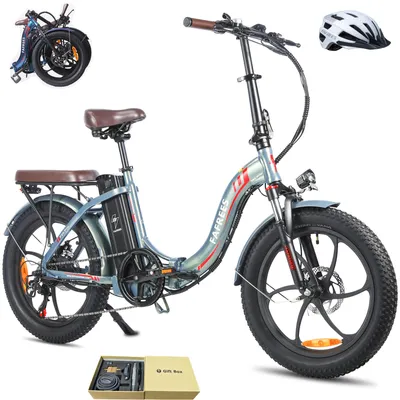 A studio shot of a folding electric bicycle, with a helmet and a gift box in the background.