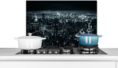 Produktbild von KitchenYeah®  Spritzschutz Küche - Küchenrückwand - Wandschutz für Herd und Spüle - Skyline - New York - Nacht 60x40 - Alu-Dibond (Alternative zum Spritzschutz aus Glas) - Hitzebeständig - Herdspritzs