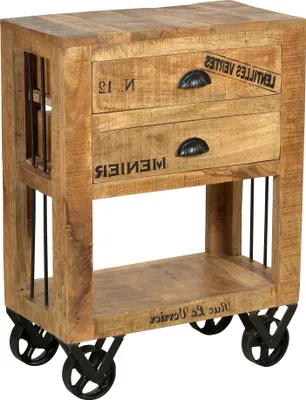 A wooden bedside table with two drawers and an open shelf, mounted on wheels.