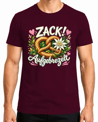 Produktbild von Zack Aufgebrezelt Brezel Edelweiss Trachtenshirt Lederhose Dirndl Herren T-Shirt, Burgundy, S