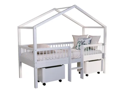 Produktbild von VIPACK - FORREST Buche Spiel-Hausbett 90x200cm, inkl. Lattenrost, Leiter, Dachaufbau, 2 Rollboxen, Buche massiv weiß lackiert
