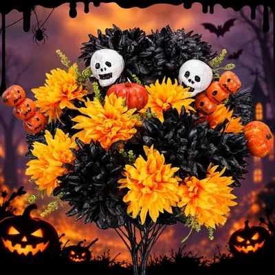 Künstliche Chrysanthemen, 2 Sträuße, Halloween-Deko, 46 cm