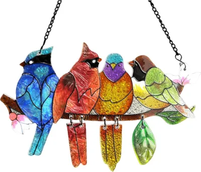 Produktbild von Vögel auf einem Ast – Sonnenfänger aus Buntglas und Acrylglas mit 4 Vögeln, ideal als Hängedekoration für Garten und Zuhause. Ein Geschenk für Vogelliebhaber, z. B. für Mama und Oma.