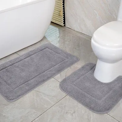 Produktbild von Unyqoos® 2‑teiliges Badematten-Set Grau, Mikrofaser (hochdicht) 53 x 86 cm + 50 x 50 cm, saugfähig, schnelltrocknend, rutschfeste TPR-Unterseite