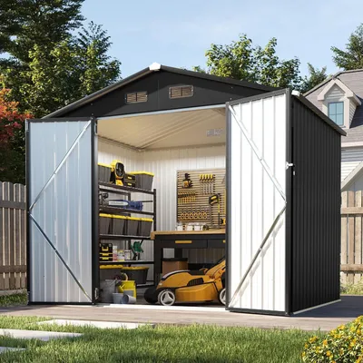 Image de Boîtier métallique, dimensions 235 x 171 x 196 cm, résistant aux intempéries, double porte, toit en pente, verrouillable, couleur noire