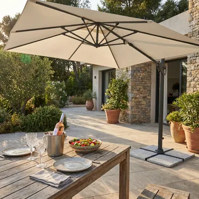 Immagine prodotto di Milani Home - ombrellone da giardino 3 x 4 m palo laterale decentrato in alluminio, telo ecrù e antracite, per terrazzo e piscina