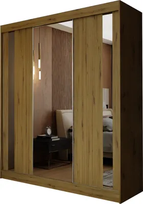 Produktbild von Masseno Schiebetürenschrank GRAZIA 180 cm Kleiderschrank Schlafzimmer Schrank 3-türig mit Spiegel Eiche Artisan