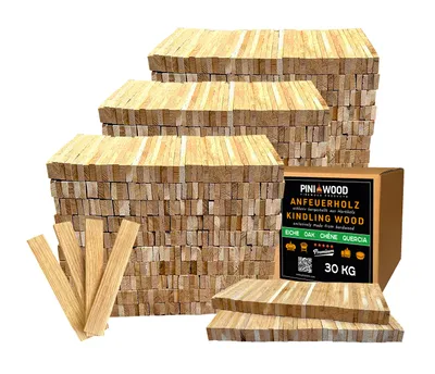 Stacks of kindling wood and a box of kindling wood.