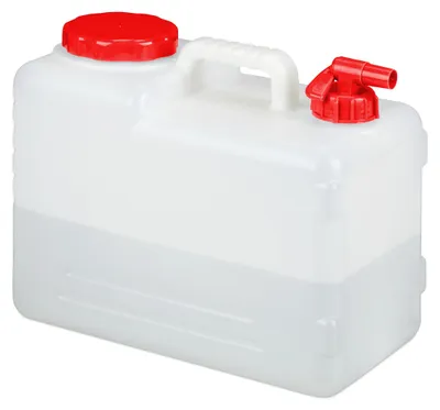 Produktbild von Relaxdays Wasserkanister mit Hahn, Schraubdeckel, Trinkwasserkanister Camping, 15l Tank, BPA-frei, Kunststoff, weiß-rot