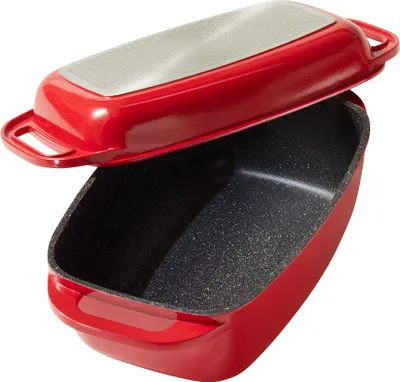 A red roasting pan with a lid, shown from a slightly elevated angle against a white background.