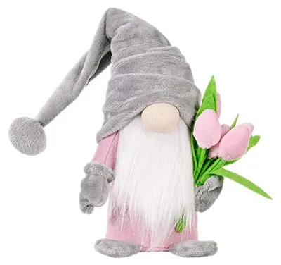Stehender Zwerg mit Tulpenstrauß, 37 cm, grau, Textilfigur
