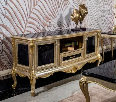 Produktbild von Casa Padrino Luxus Barock TV Schrank Silber / Schwarz / Gold - Prunkvolles Massivholz Sideboard mit 2 Türen und Schublade - Wohnzimmer Möbel im Barockstil - Barock Möbel - Edel & Prunkvoll