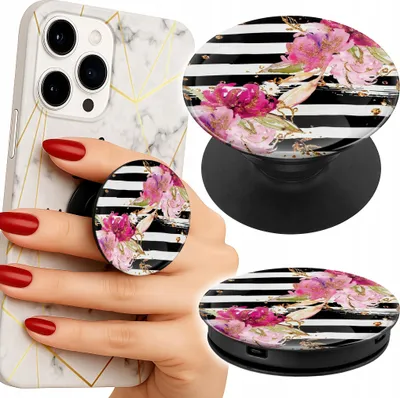 Obrázek produktu pro Popsocket Držák telefonu na prsty/zásobník Černé a bílé pruhované květiny