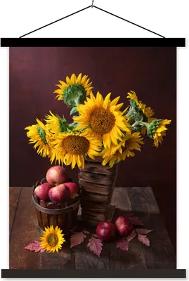 Produktbild von MuchoWow® Textilposter Sonnenblumen - Apfel - Stilleben 90x120 cm mit schwarzem Rahmen - Dekoration