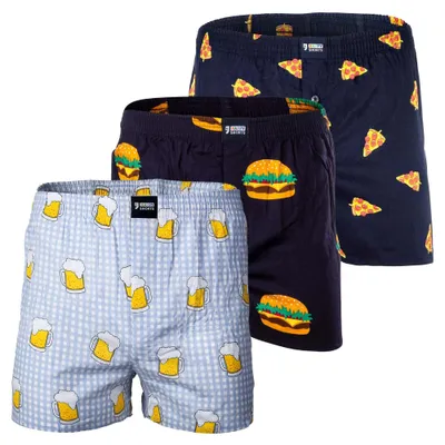 Produktbild von Happy Shorts Herren Webboxershorts, 3er Pack - American Style, Baumwolle, gemustert Burger/Pizza/Bier M