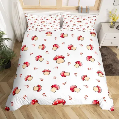 Productafbeelding van Beddengoedset met paddenstoelenprint, 155x220 cm, inclusief 1 kussensloop van 80x80 cm, microvezel, meerkleurig