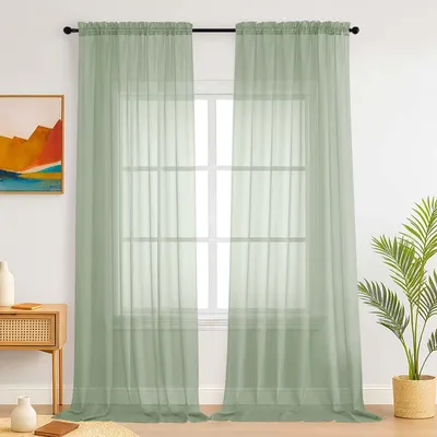 Productafbeelding van Vitrage gordijnen - Halfdoorschijnende privacybescherming met lus voor gordijnstang - Geschikt voor woonkamer en slaapkamer - Saliegroen - Set van 2, afmetingen 229 cm hoog x 150 cm breed