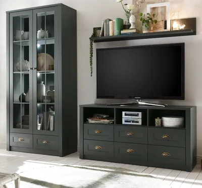 Produktbild von Wohnwand "Forres" 3-teilig grün Landhaus Schrankwand 240 x 198