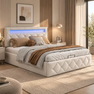 Productafbeelding van INONEFT Hydraulisch verstelbaar bed met kussenbodem, 160x200 cm, met LED-verlichting, kinderbed met in hoogte verstelbaar hoofdeinde, bedframe met lattenbodem, fluweel, crèmekleurig, AI-gegenereerde afbeelding